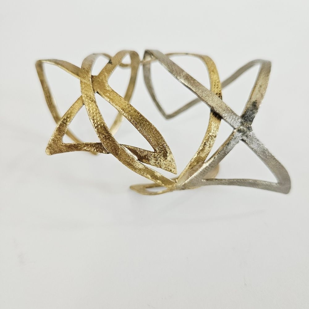 Vintage Y2K Gold Silver Two Toned Textured Aluminum Abstract Arm Cuff Bracelet